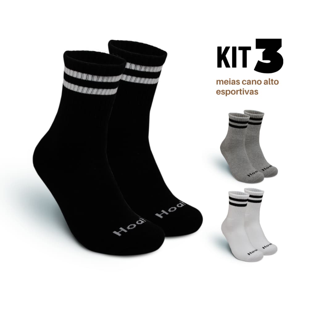 Kit 3 Pares Meias Masculinas Cano Alto Longo Algodão Atoalhado 39/43 Hoahi Sport Original