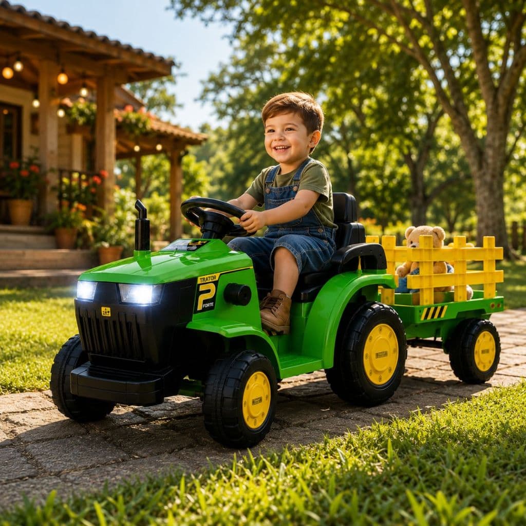 Trator Elétrico Verde Amarelo Infantil com Carretinha Removível Luzes LED, Sons e Bateria Recarregável