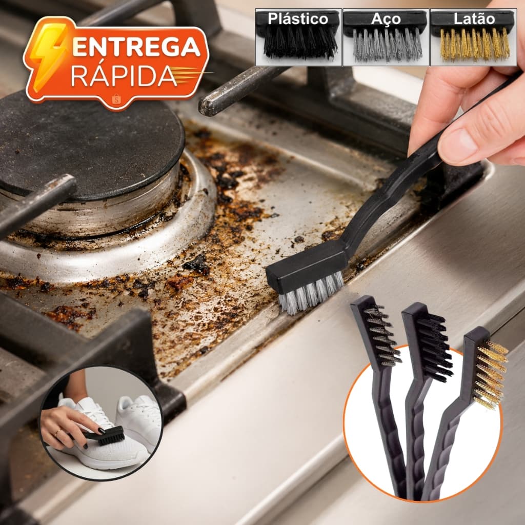 Kit 3 Escovas de Aço Multiuso Limpeza Grelha Fogão Forno Ferrugem Aço Latão Nylon Cabo Ergonômico