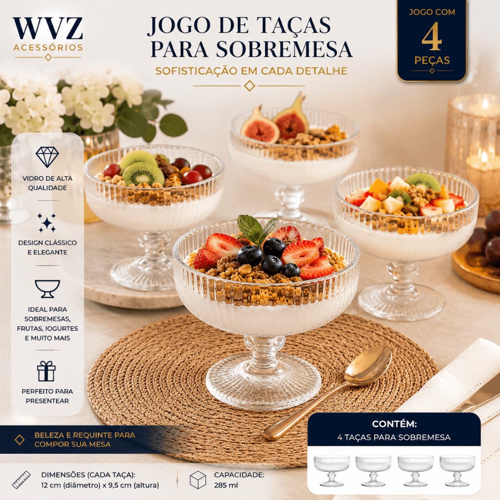 Jogo 4 Taças de Sobremesa 320ml Vidro Versalhes Transparente Taça Sorvete Mousse Frutas Elegante