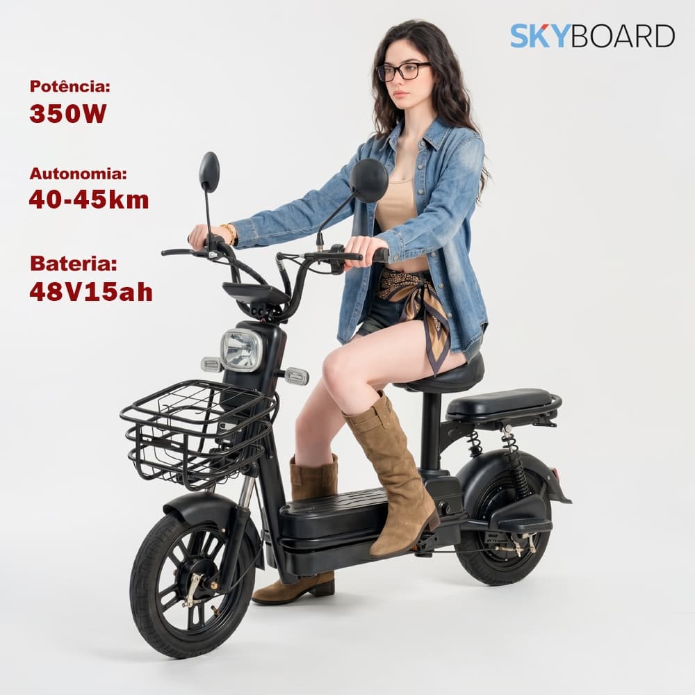 Bicicleta Elétrica SKYBOARD Atualizada Cullinan 350W 48V15Ah 45km Autonomia 150kg Carga 2 Assentos Garantia Um Ano