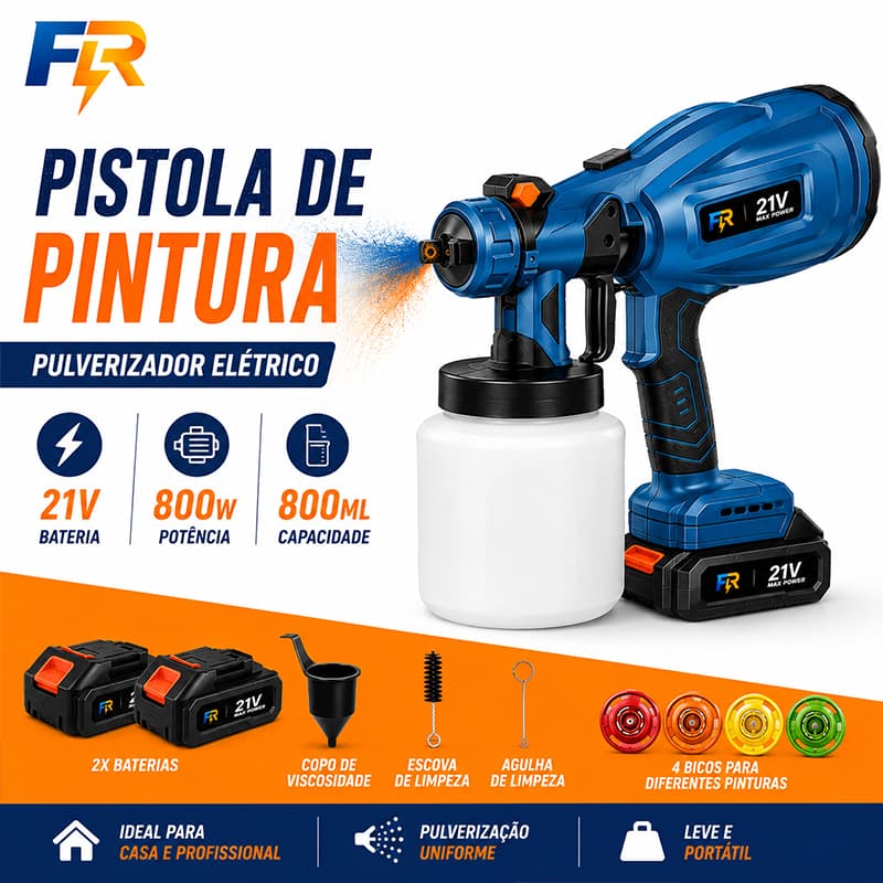 Pistola de Pintura Pulverizador Elétrico 21V 800W 2 Baterias Recarregáveis, 800ml e Portátil Profissional