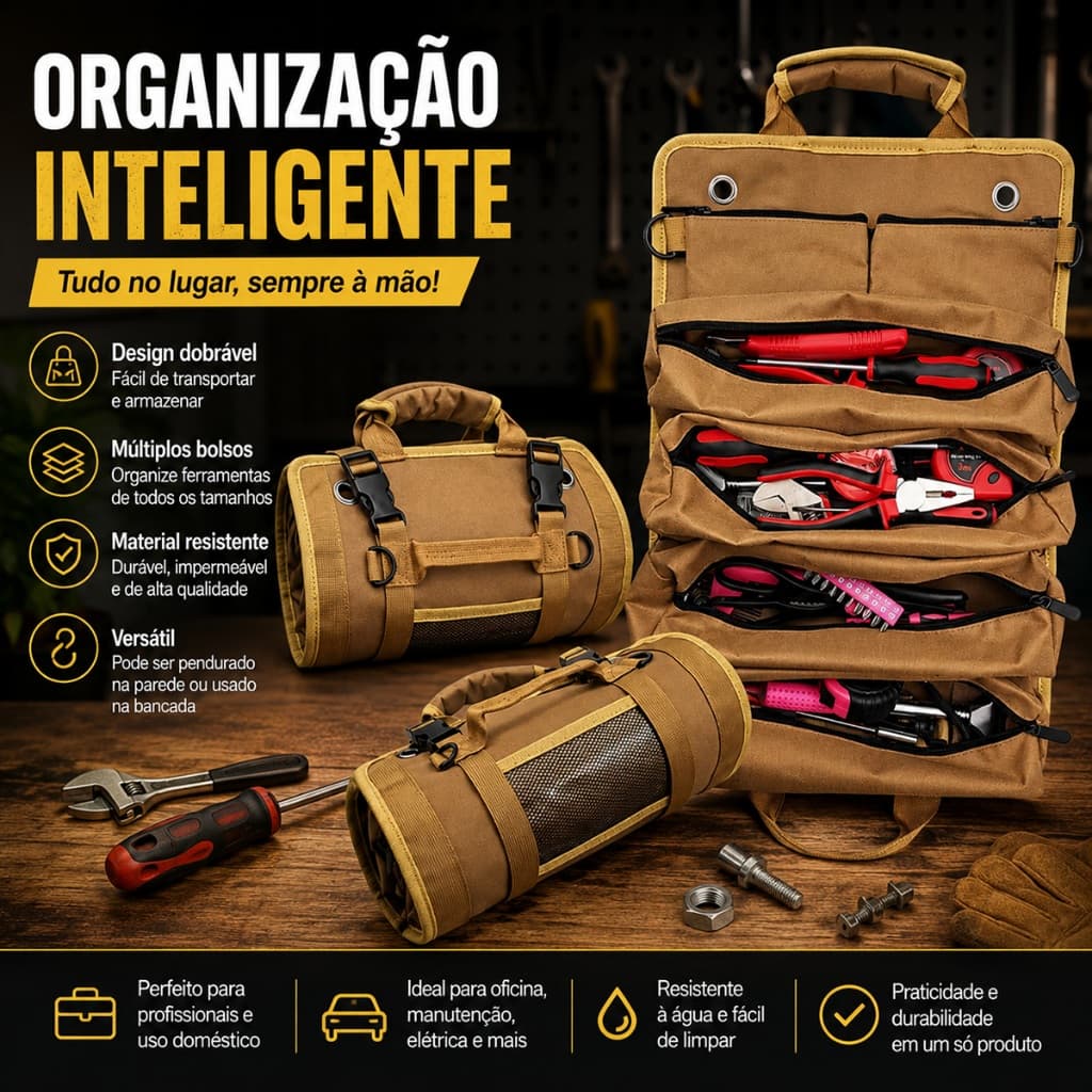 Saco Armazenamento Rolo de Ferramentas Nylon Impermeável Resistente para Mecânico e Eletricista