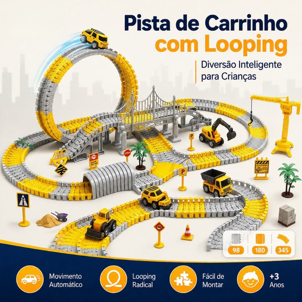Pista de kart infantil, com pista em formato de anel, disponível nas versões com 98 peças, 180 peças e 345 peças