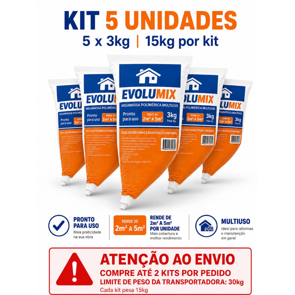 Argamassa Polimérica 3kg Kit 5 Unidades Pronta Uso Assenta Tijolo Bloco Obra Limpa Rápida Fácil