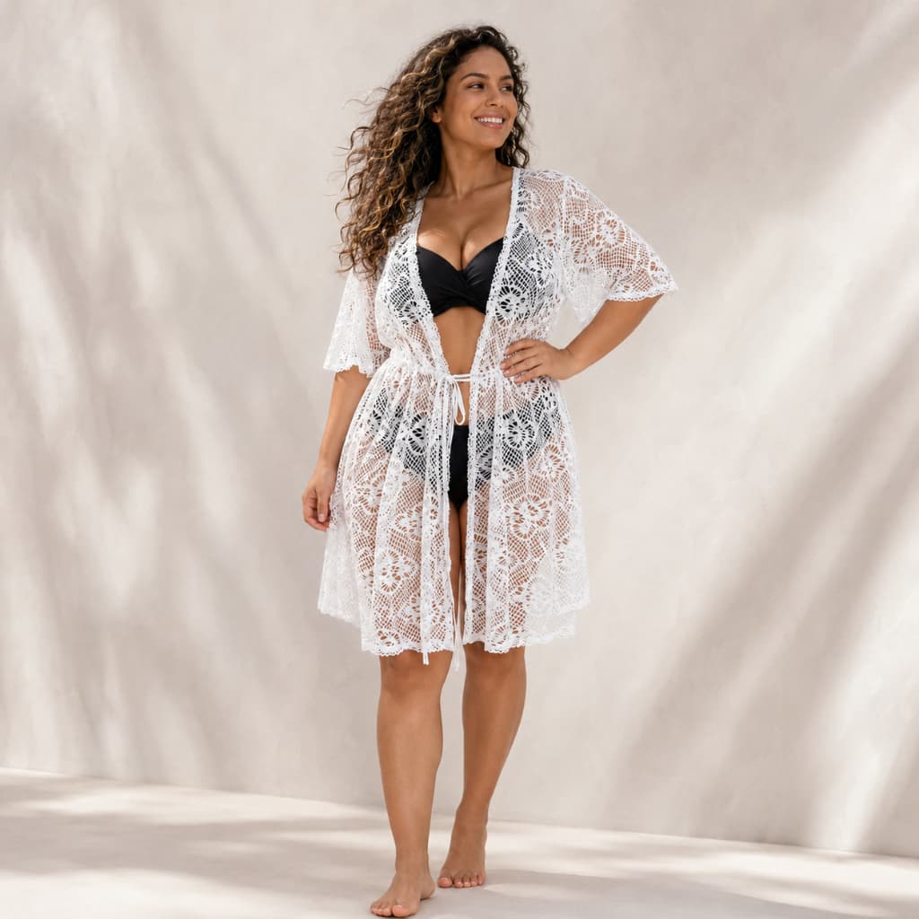 Saída de Praia Feminina Renda Arrastão Kimono Aberto Com Amarração Moda Praia Verão