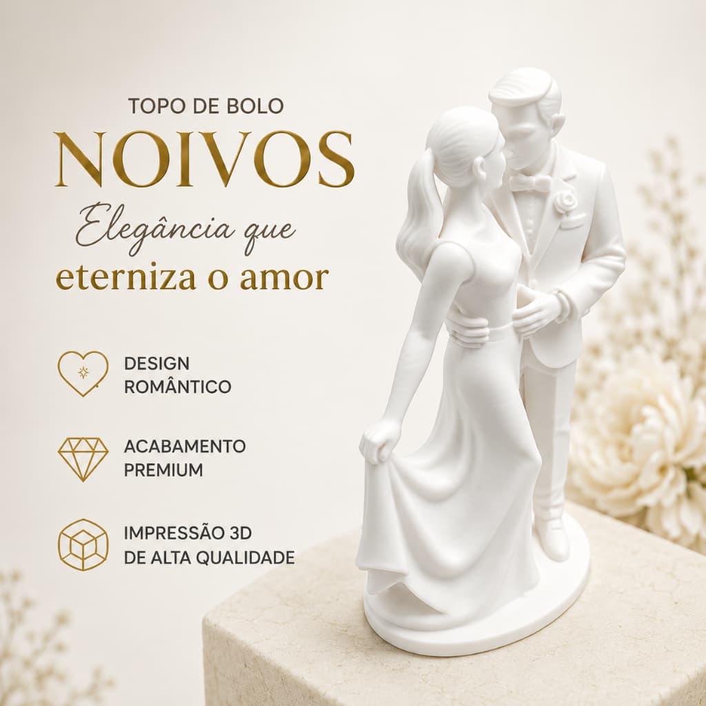 Topo de Bolo Casamento 3D Branco Noivinhos Decoração Bolo Festa Elegante 12cm Leve Design Romântico