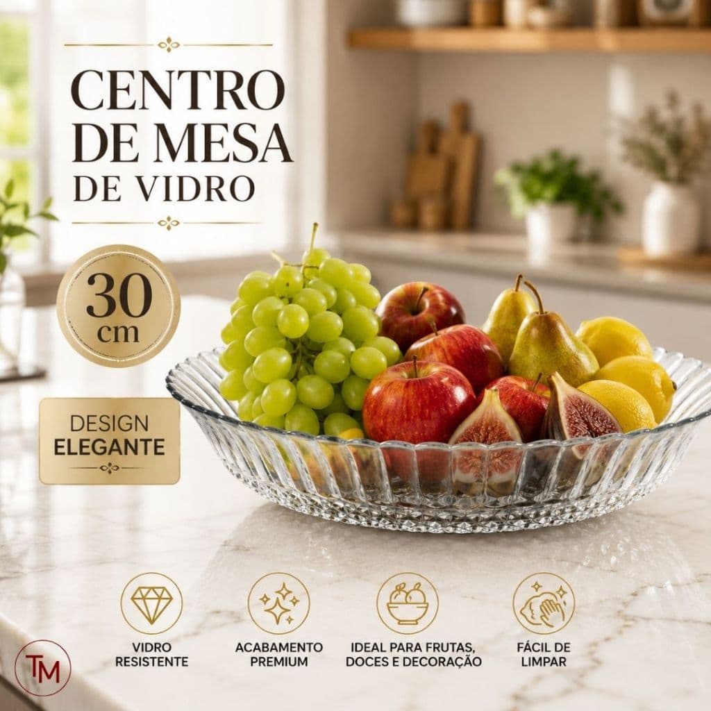 Centro de Mesa de Vidro 30cm Fruteira Decorativa Elegante para Mesa Posta e Decoração