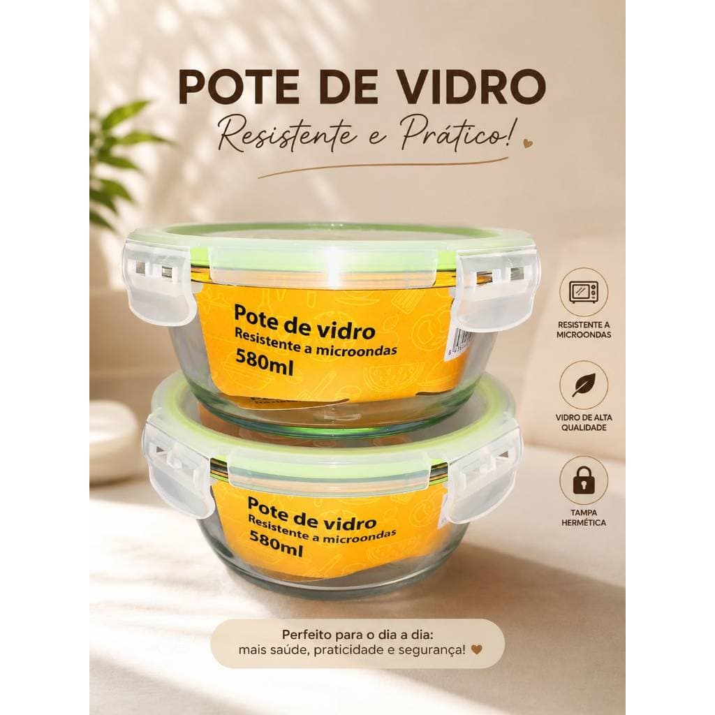 Kit 2 Potes De Vidro Hermetico 580ml RedondoTransparente Tampa Verde Vedação Hermetico ideal