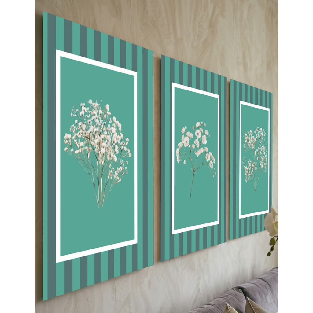 Quadro Mosaico 3 Peças Botânico Flores Brancas Listras Verde Turquesa Moldura Branca Decoração Sala