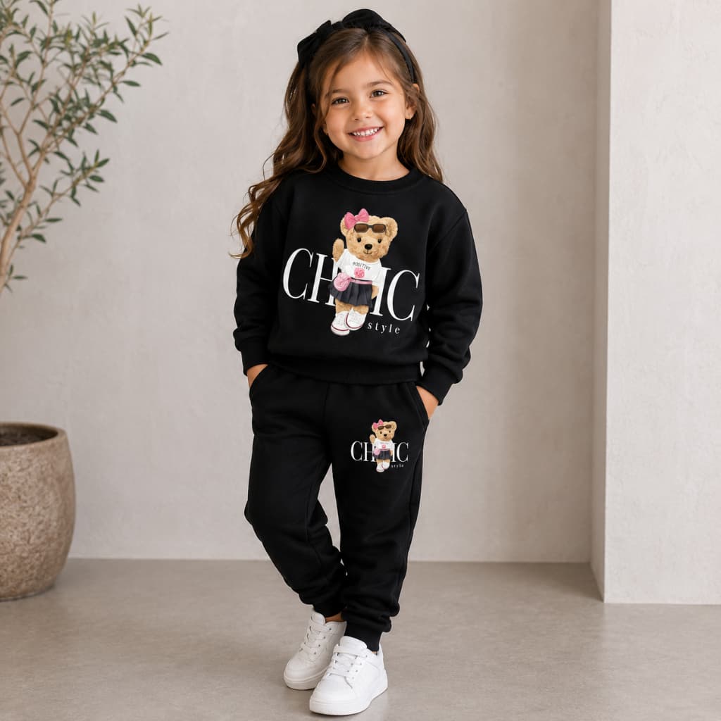 Conjunto infantil moleton urso bear chic suéter calça jogger flanelado quentinho