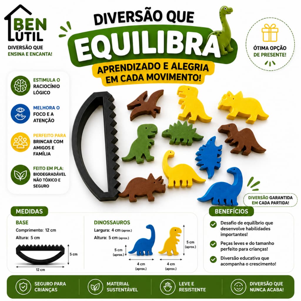 Jogo Equilíbrio Dinossauro 3D Educativo Montessori Infantil Coordenação Motora Raciocínio Lógico Presente Empilhar