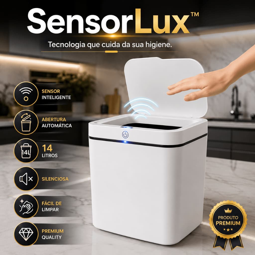 Lixeira Automática SensorLux 14L com Sensor Inteligente Tampa Automática Branca