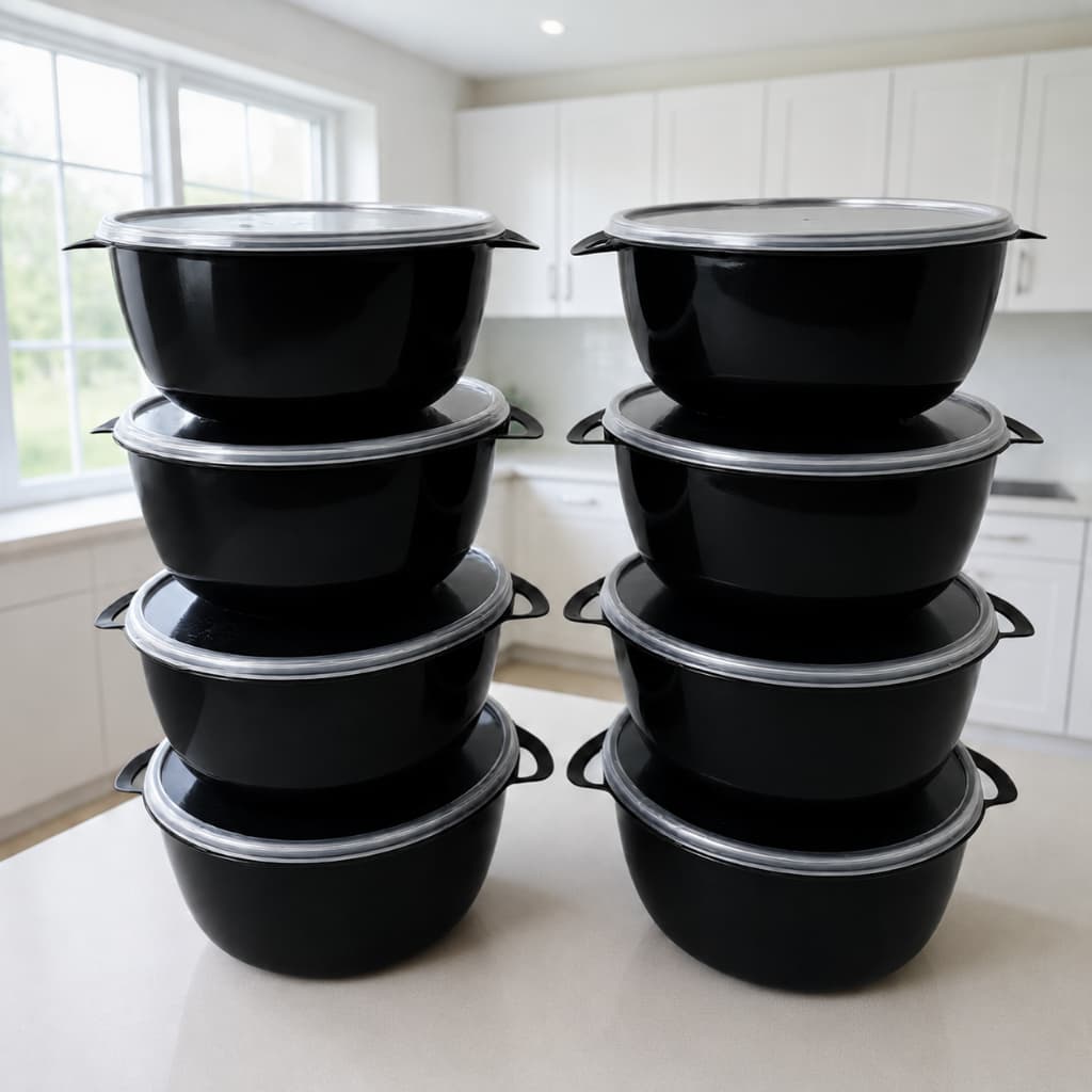 Kit Potes Bowl Preto 1L com Tampa Hermética Organizador para Cozinha, Marmita, Freezer e Micro-ondas