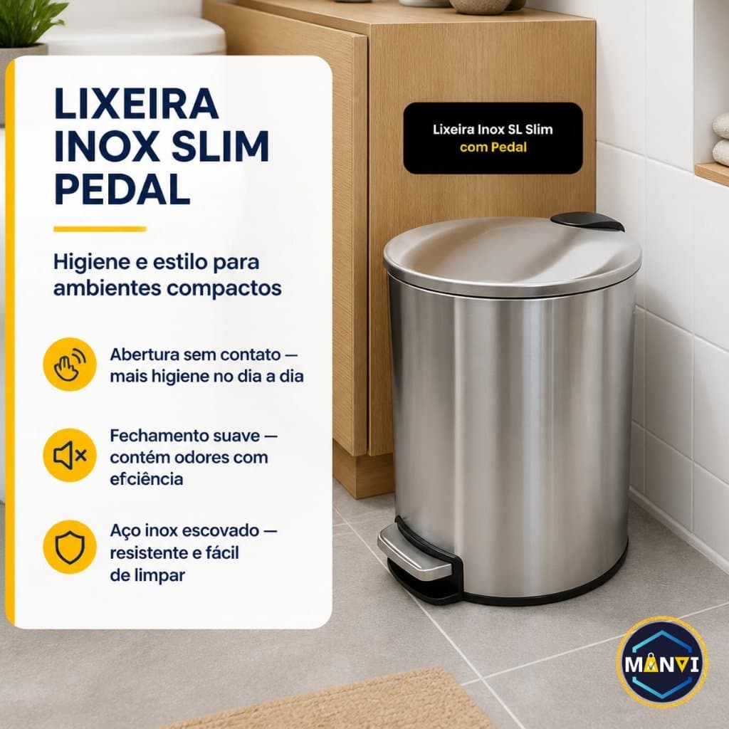 Lixeira Inox Slim 5 Litros Pedal Banheiro Cozinha Escritório Balde Interno Removível Compacta