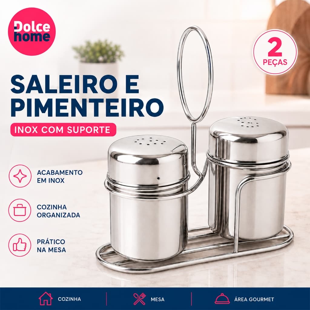 Saleiro e Pimenteiro Inox 2 Peças com Suporte para Cozinha Organizador de Mesa