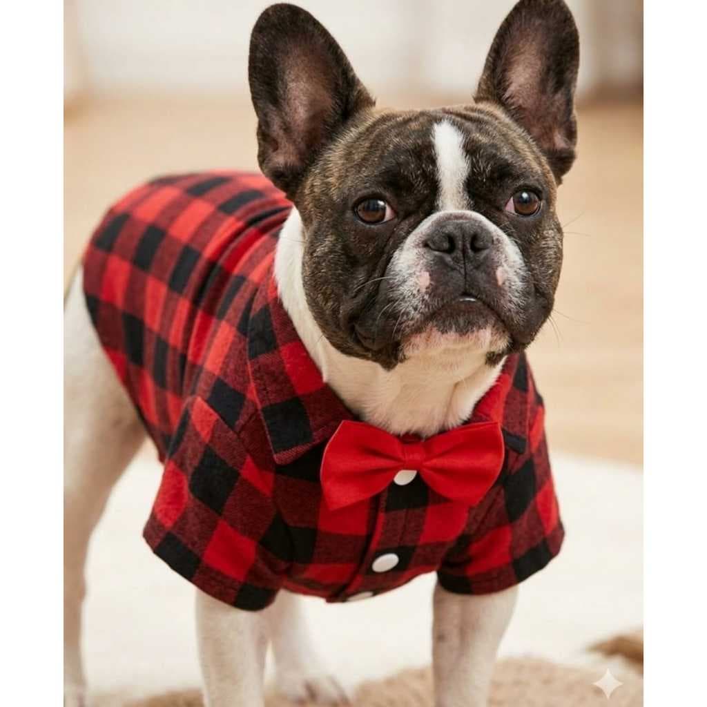 Roupa para Pet Xadrez Vermelha com Gravata Borboleta | Camisa Pet Elegante para Cães Pequenos e Médios