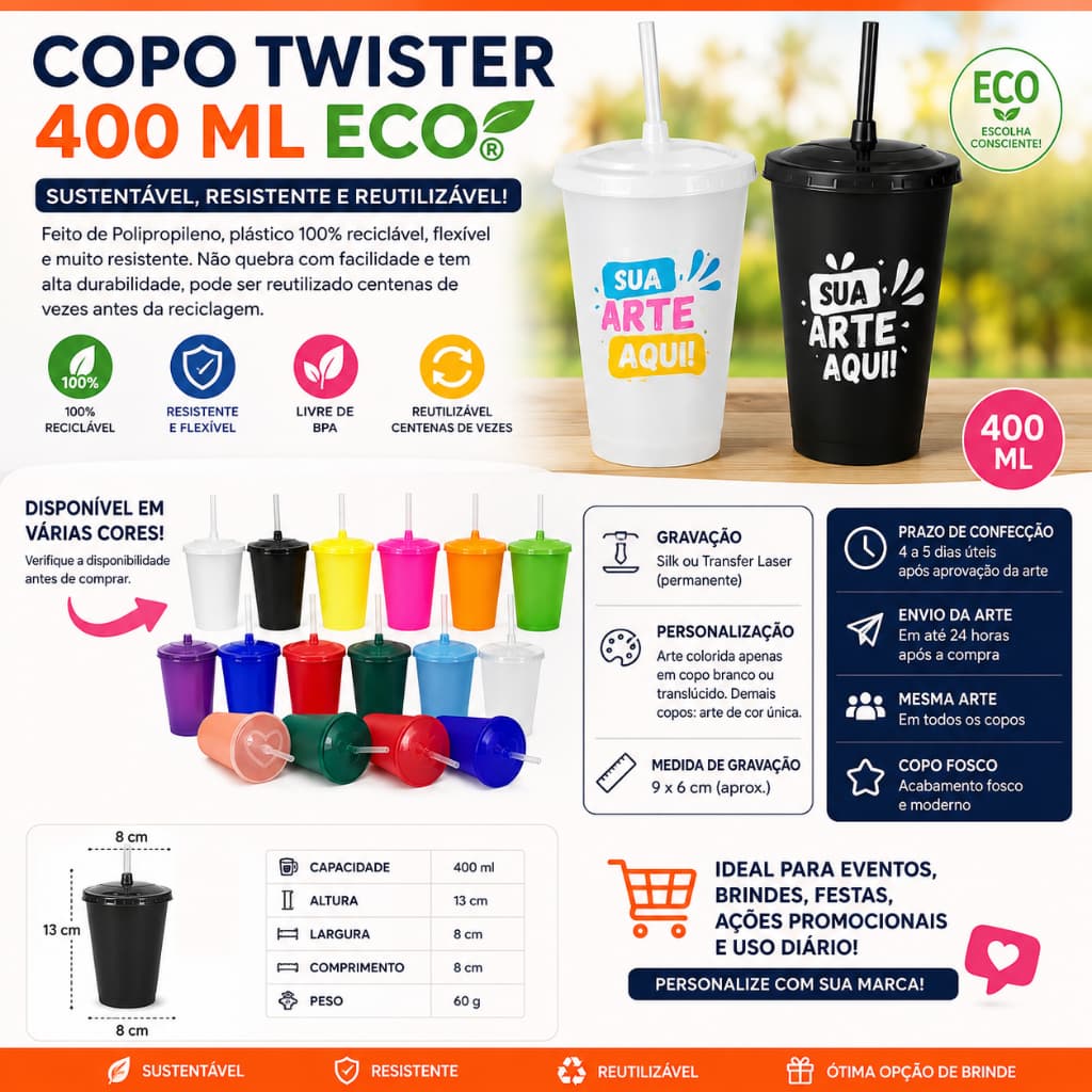 Kit 20 Copos Twister Eco Personalizados 400ml Para Festa, Eventos, Formatura, Casamento, Aniversário, Carnaval e Brinde