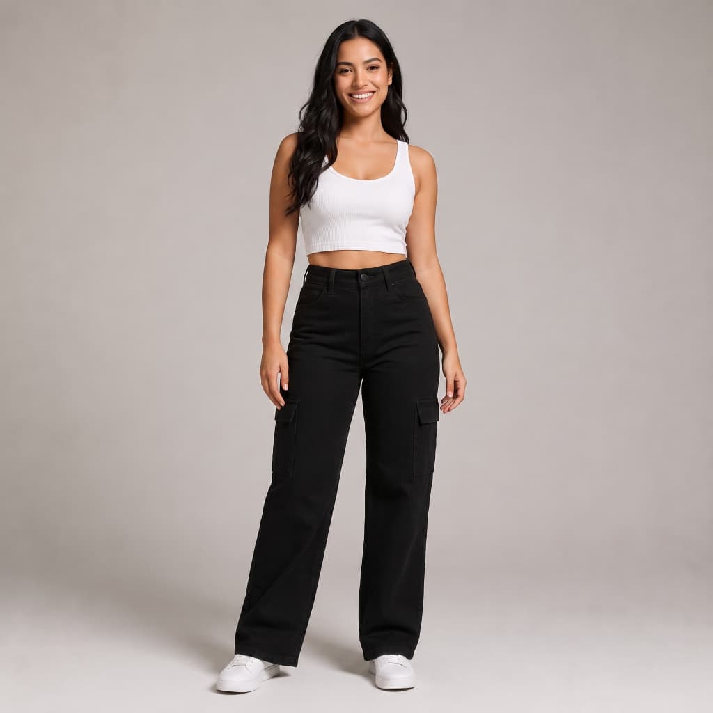 Calça Feminina Wide Leg Cargo Pantalona Cintura Alta