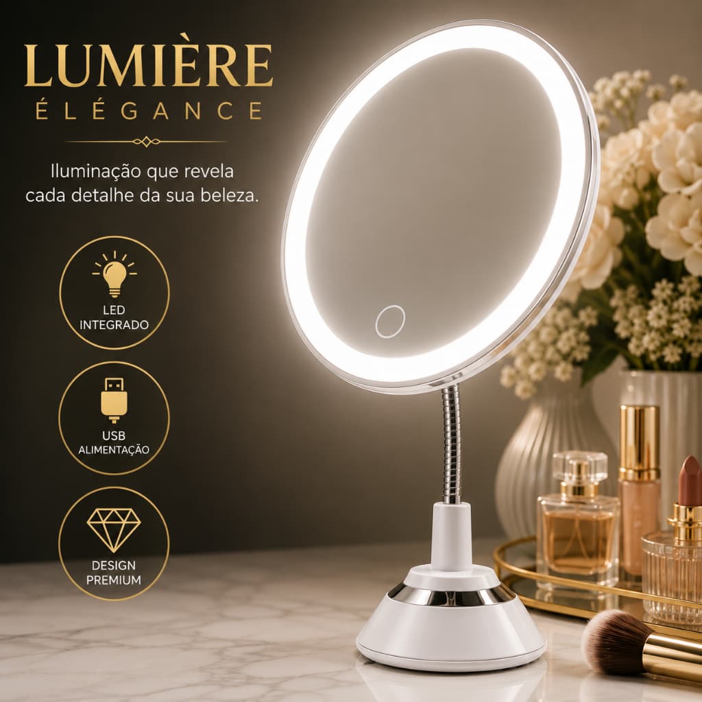 Lumière Élégance | Espelho de Mesa LED para Maquiagem USB Iluminado Redondo com Haste Flexível e Base Estável