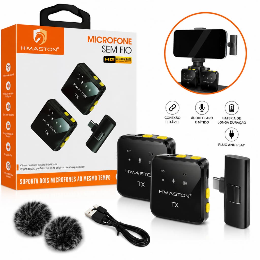 Microfone de Lapela sem Fio com 2 Microfones de Qualidade Profissional