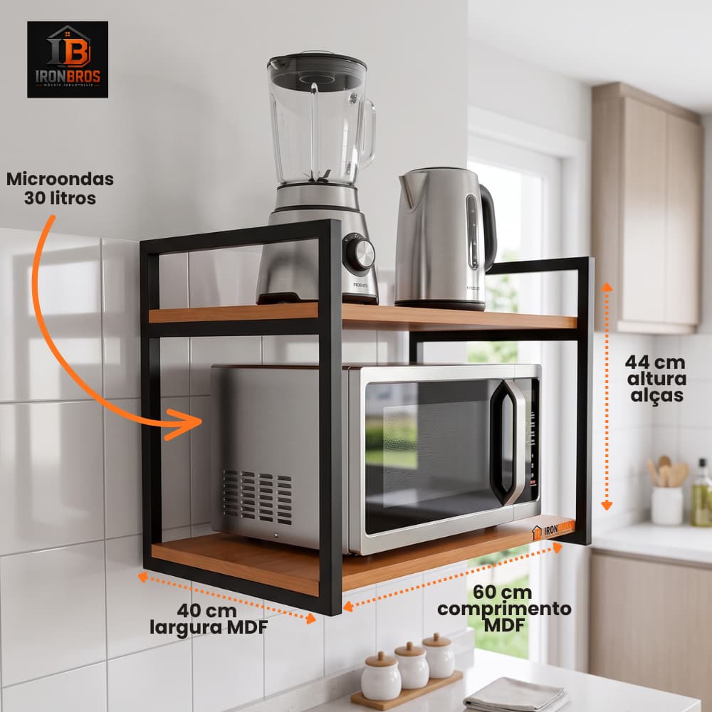 Prateleira Industrial microondas 60x44x40 cm Aço Carbono MDF 17mm Verniz Natural Design Moderno Resistente e Versáti