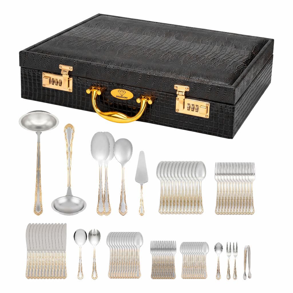 Kit Jogo Faqueiro 84 Peças Talheres Luxo Inox Banhado a Ouro 24k Maleta de Senha e Couro Sintético