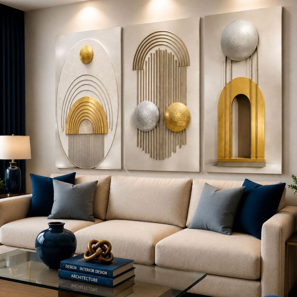 Quadro Decorativo Abstrato 3D Geométrico mdf Dourado e Bege  Kit com 3 Peças Moderno para Sala e Quarto
