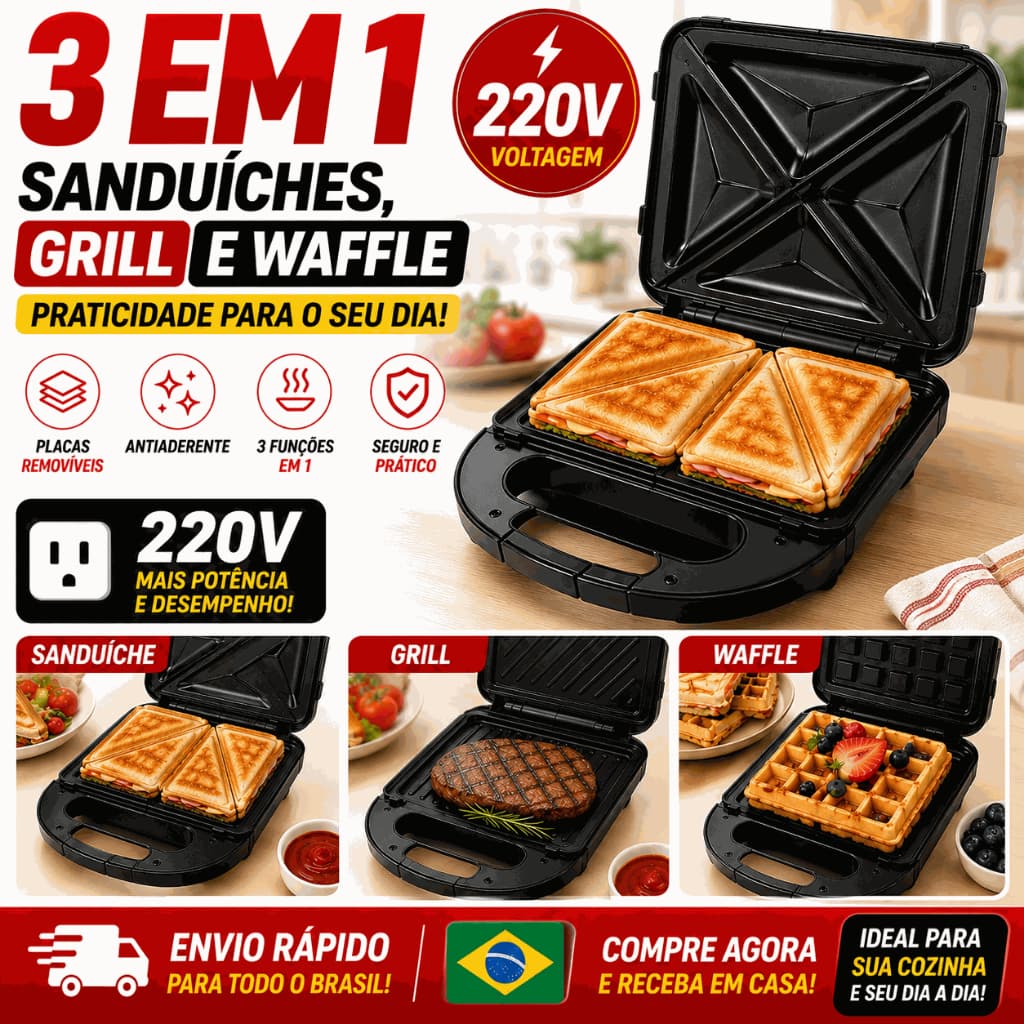 Nova Sanduicheira 3 em 1 Elétrica Antiaderente Faz Sanduíche Grill e Waffle 220V