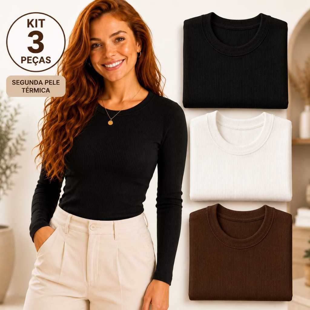 Kit 3 Camisetas Térmicas Flaneladas Feminina Manga Longa Canelada Inverno Segunda Pele Quente Confortável