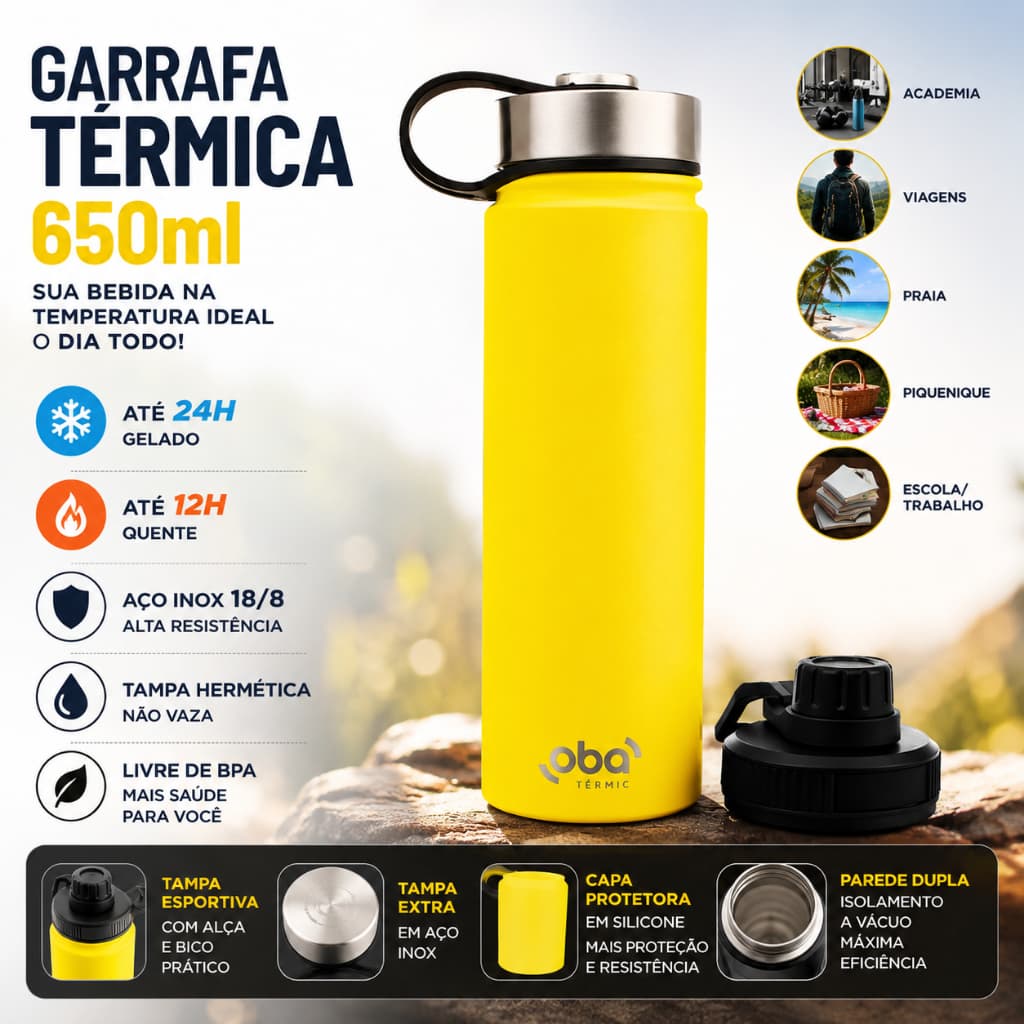 Garrafa Térmica de Água Inox 650ml A Vácuo Com Alça E Tampa quente e frio