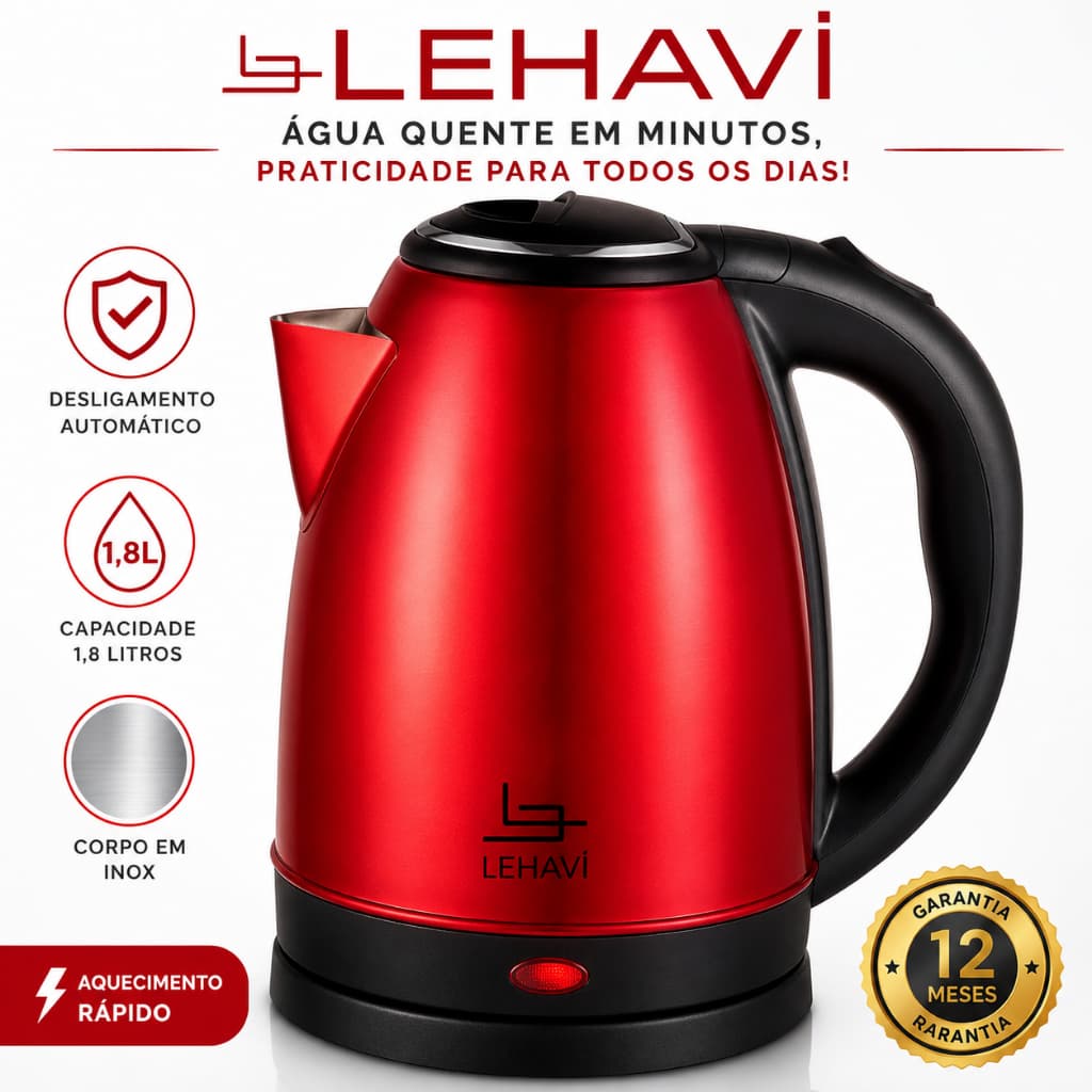 Chaleira Elétrica Lehavi Inox 1,8L 220V Vermelha Desligamento Automático Aquecimento Rápido