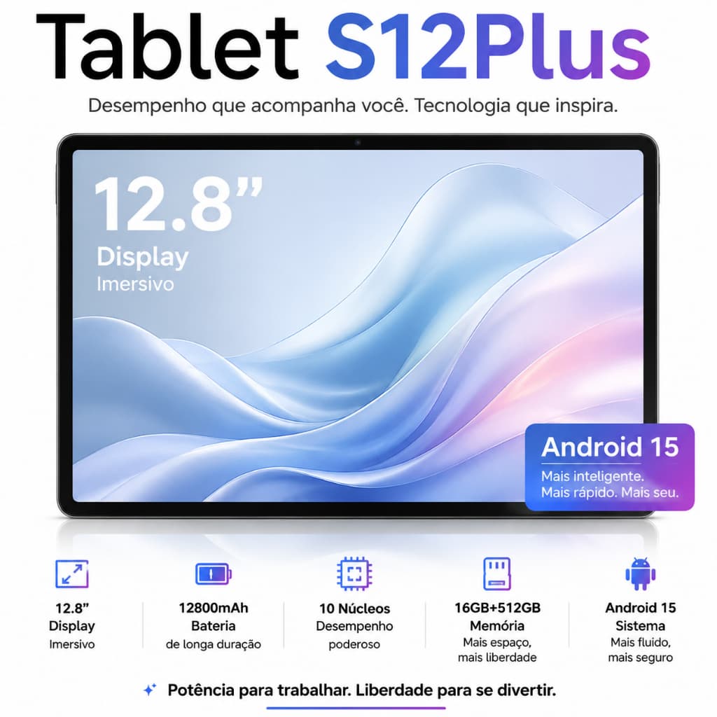 [Teclado, mouse e alto-falantes grátis] S12 Plus Tablet 12,8 polegadas, 16GB + 512GB 12800mAh 5G Tablet Dual SIM
