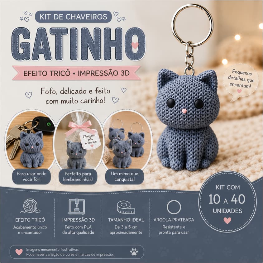 Kit Chaveiros 10 a 40 de 3 a 5cm Gatinhos Decorativos para festas Efeito Tricô 3D | Colecionáveis | Lembrancinhas
