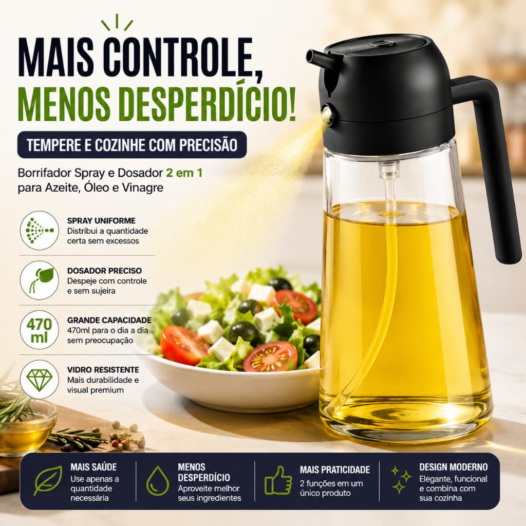 Borrifador Spray e Dosador de Azeite Óleo Vinagre 2 em 1 Cozinha