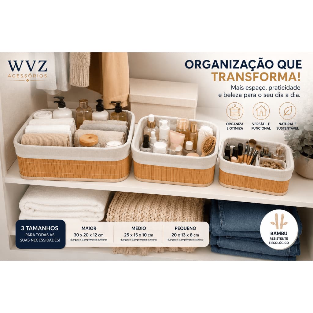 Kit 3 Cestos Organizadores Bambu Branco Preto Bege Organizador Multiuso WVZ Acessórios