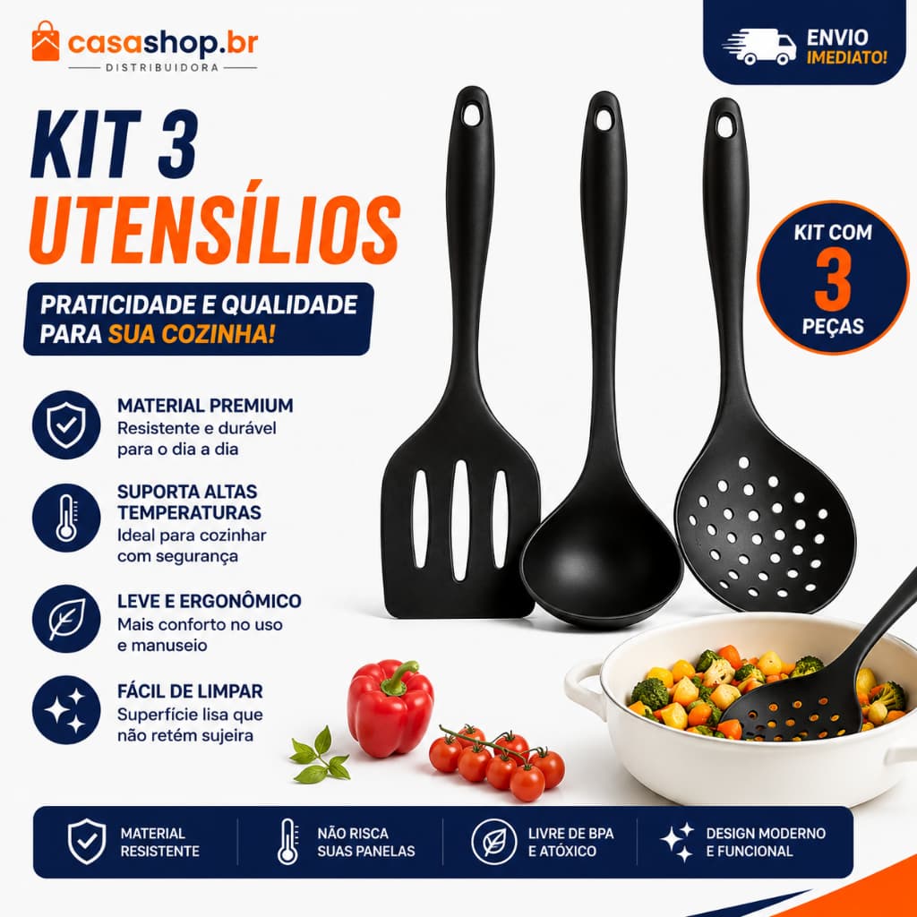 Kit Utensílios de Silicone 3 Peças Concha Espátula Escumadeira Antiaderente