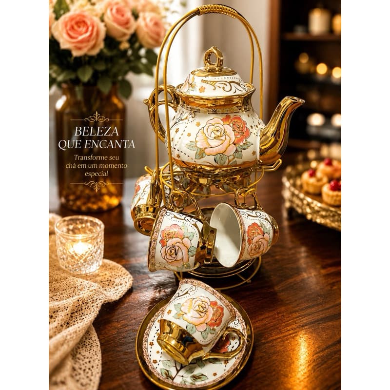 Kit Café em Porcelana Decorada – Bule 500ml + 6 Xícaras 90ml + 6 Pires + Suporte de Metal Luxo