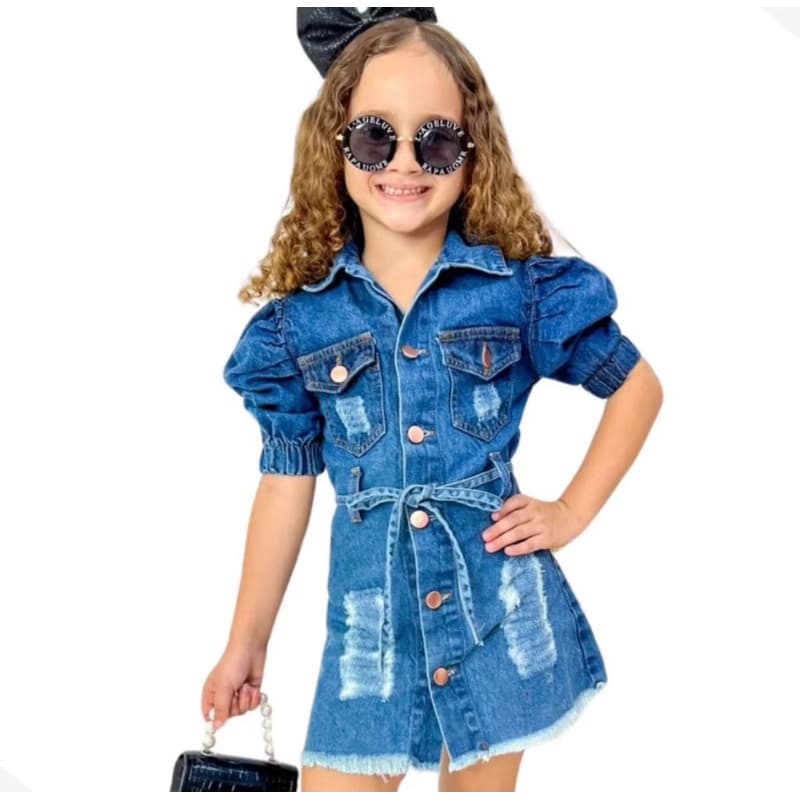 Vestido infantil jeans moda blogueirinha manga curta
