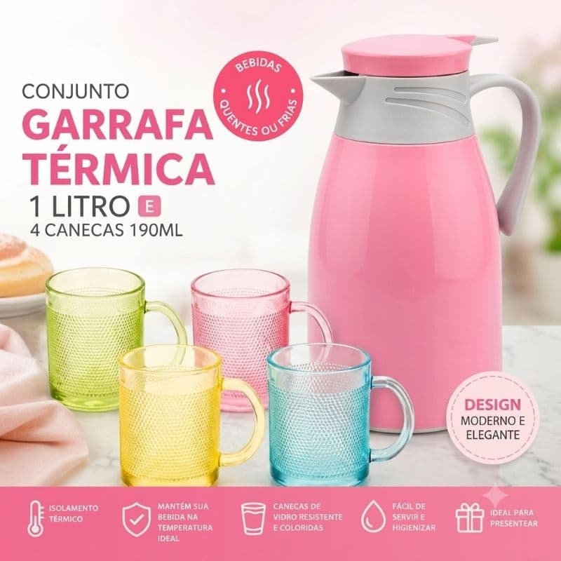Conjunto garrafa térmica  1 Litro e 4 canecas vidros 190ml - Rosa  vermelha Ou Preta