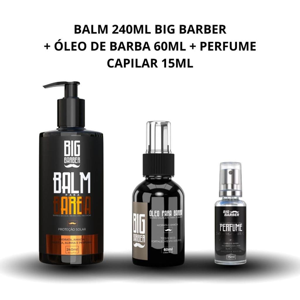 KIT CUIDADOS COM A BARBA BIG BARBER (BALM, ÓLEO DE BARBA, PERFUME CAPILAR)