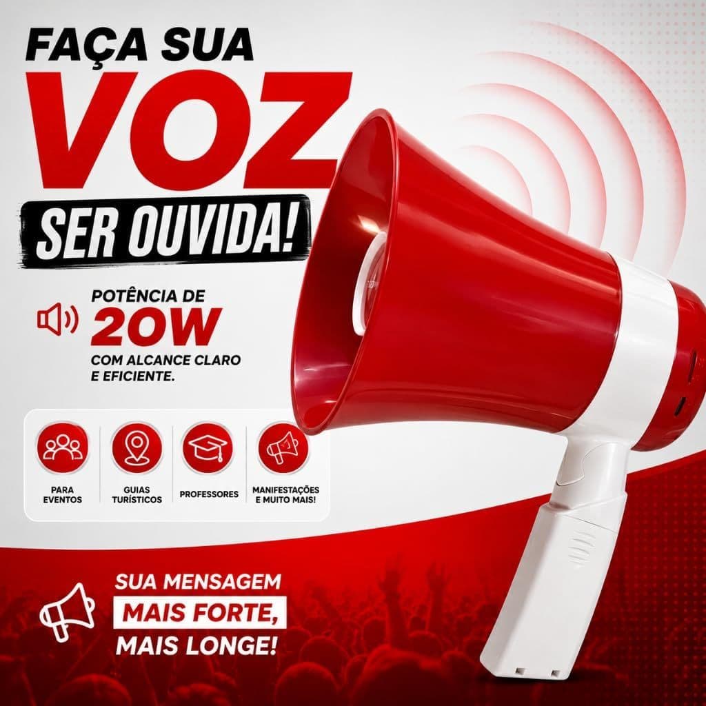 Megafone Portátil 20W Vermelho e Branco com Sirene, Gravação e Reprodução de Voz, Bateria Recarregável, Amplificado.