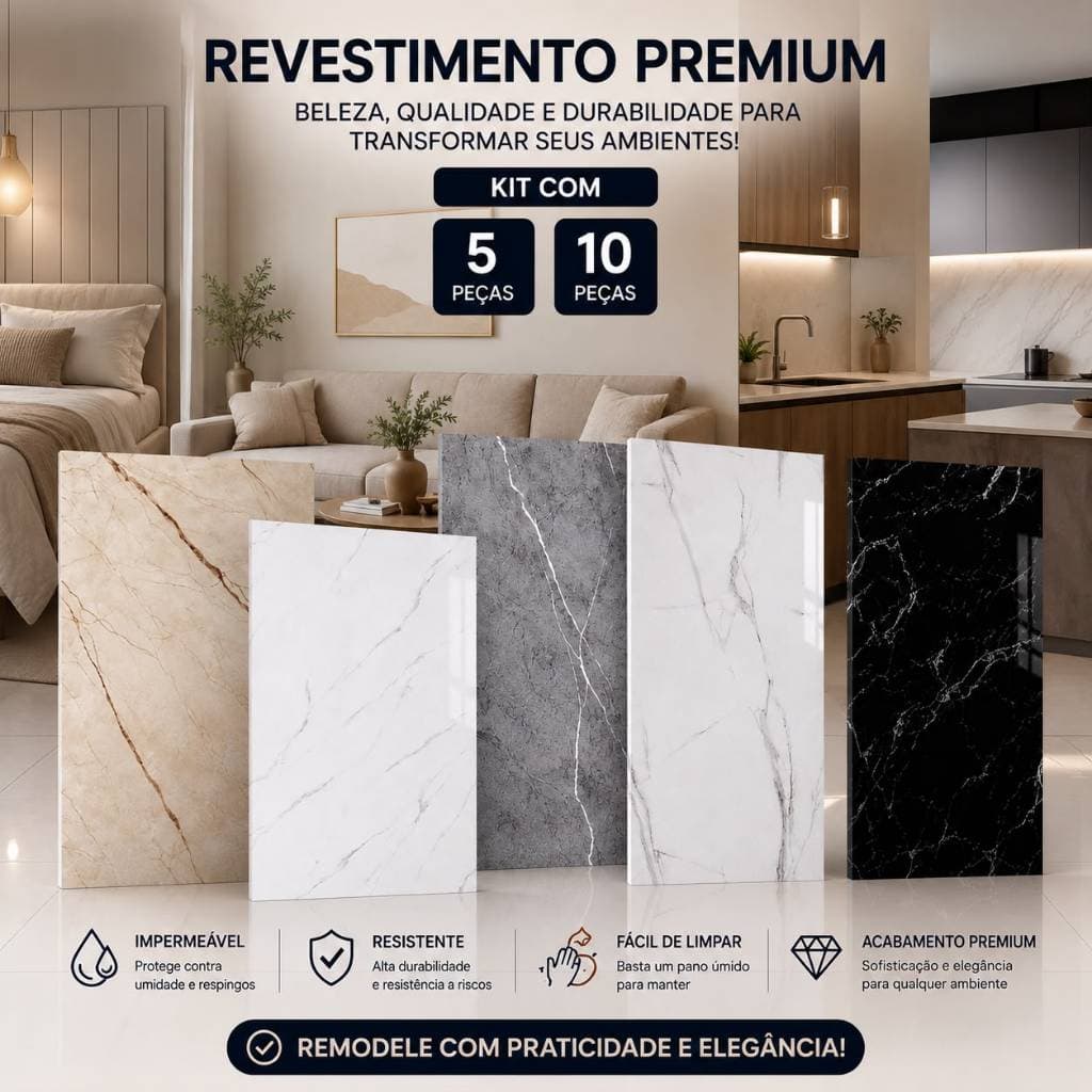 Adesivo de Parede Mármore Impermeável Kit 5 ou 10 Placas Revestimento Autocolante PVC Resistente Cozinha Banheiro Sala