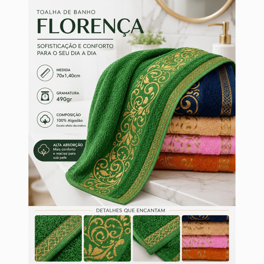 Toalha de Banho Florença 70x140cm, 490g, 100% Algodão Jacquard Macia Alta Absorção Premium