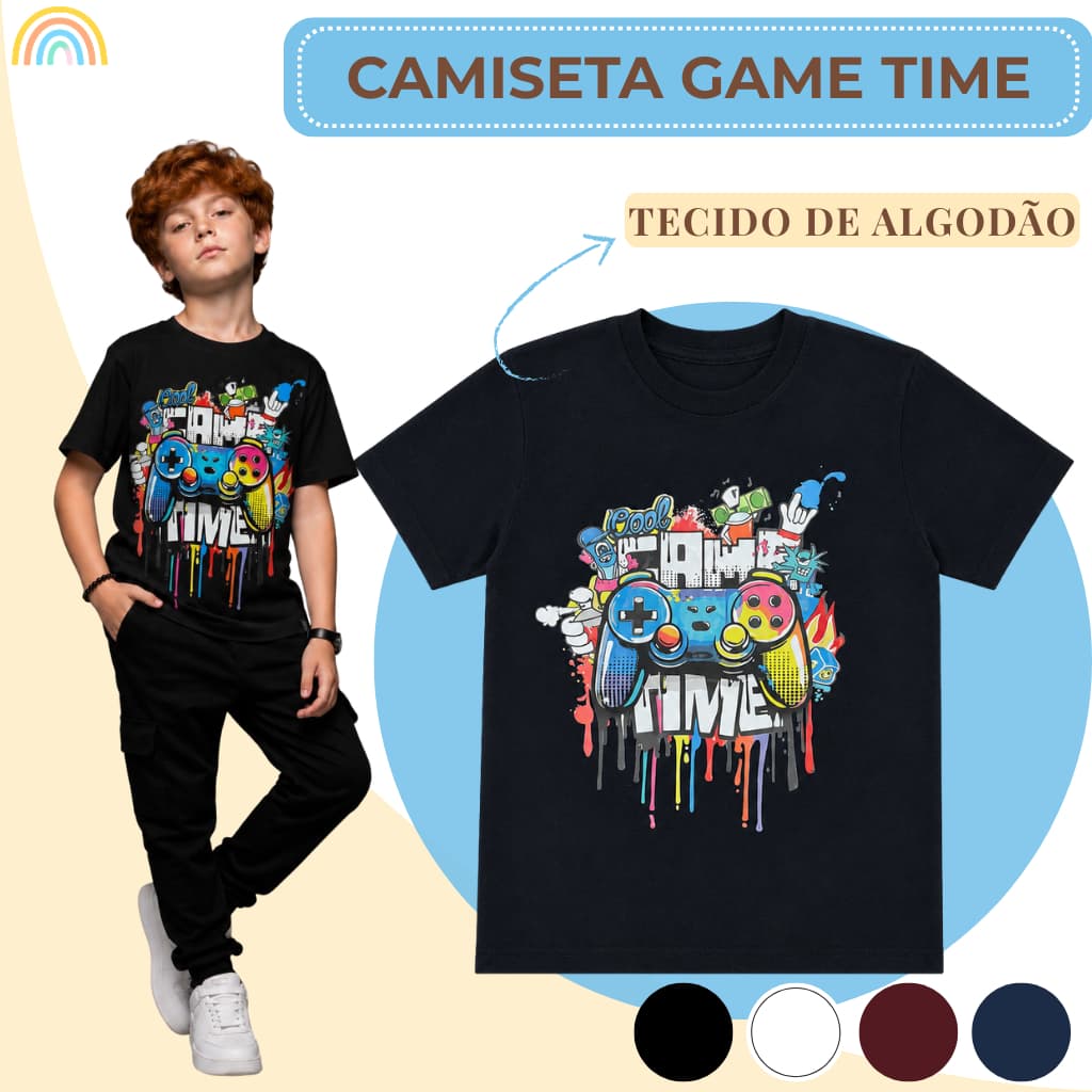 Camiseta Infantil/Juvenil Menino Game Time Boy Camisa Masculina 4 Cores Algodão Tamanho 2 ao 16