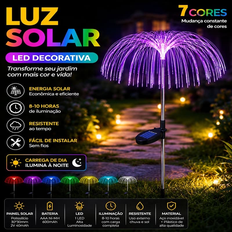 Kit 2/4 Luminária Solar LED Fogos de Artifício 7 Cores RGB Jardim Decoração Externa IP65