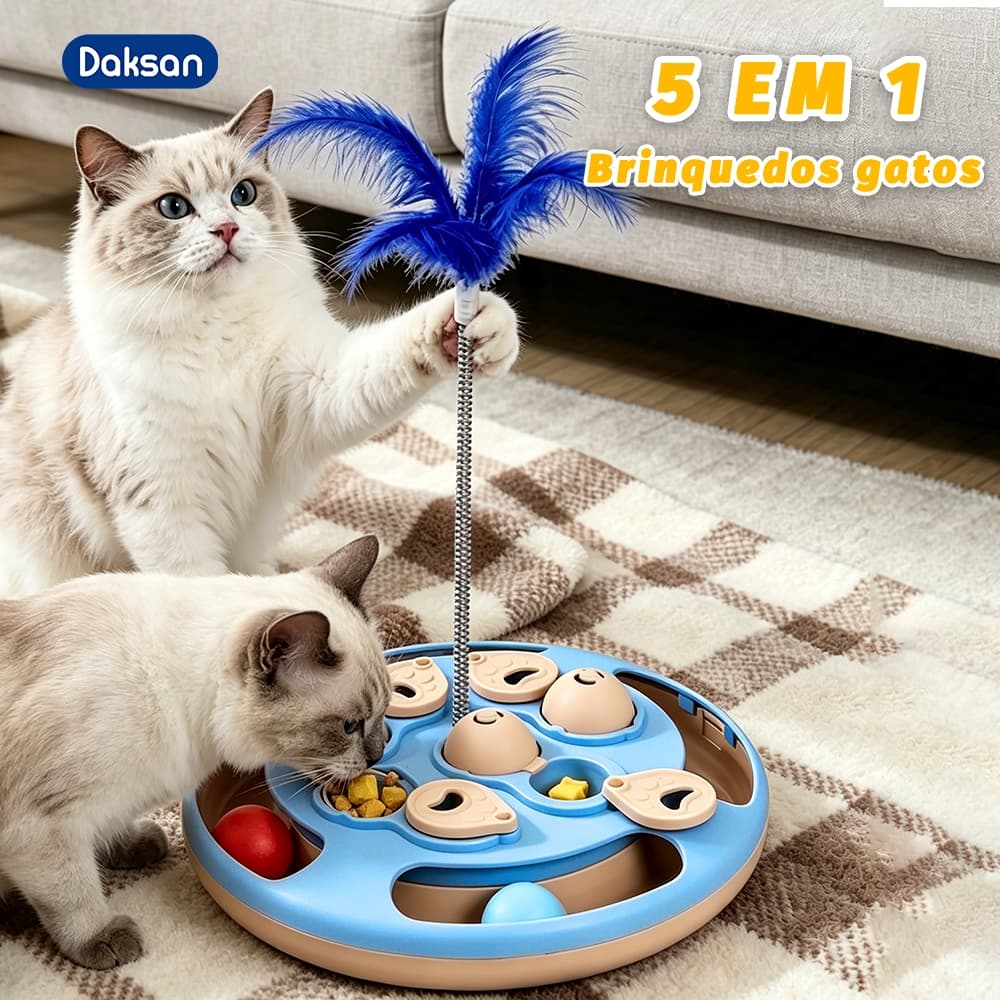 Brinquedo Interativo para Gatos 5 em 1 Com Pena e Bola Rolante Comedouro Lento Inteligente e Dispenser de Petiscos