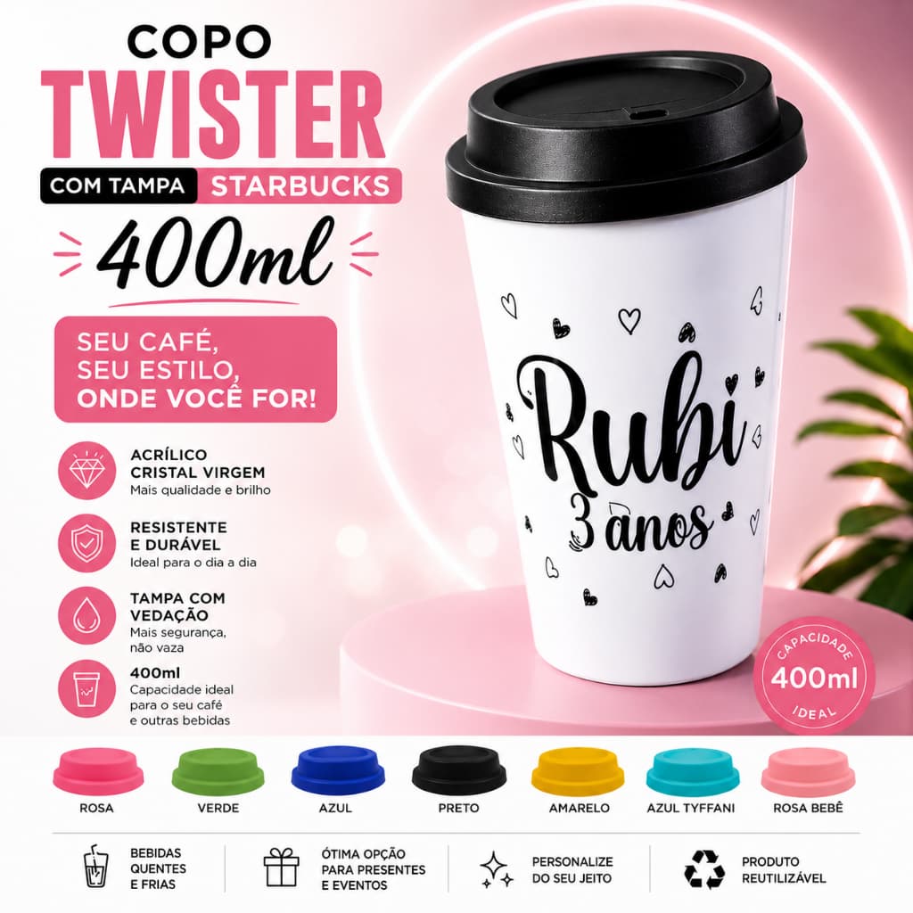 Kit 20 Copo Twister café 400ml tampa Starbucks Lembrancinha Aniversário Festas Eventos Personalizado