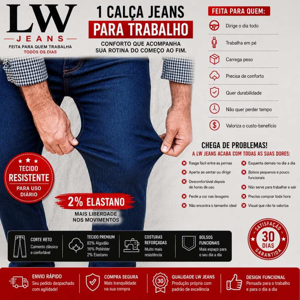 Calças Jeans Masculinas Trabalho com Elastano Corte Reto Confortável Reforçada