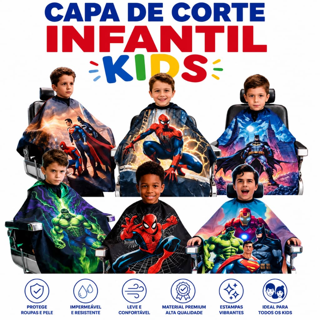 Capa de Corte Barbeiro Cabelereiro Infantil Micro Fibra Ziper Capa de Corte Para Crianças Capa kids